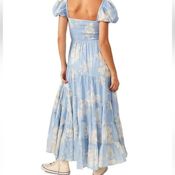 Free People Floral Print Sweetheart Neck Short Puff Sleeve Blue Maxi Dress Sz M - Picture 2 of 5